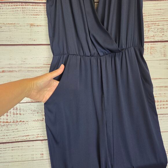 Aryn K Pack a Plunge Jumpsuit M Navy Ink Blue Silky Sheer Back Surplice Bodice - Picture 7 of 16